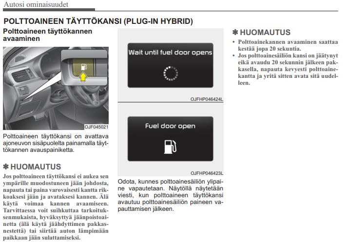 Ohjekirjan lisäohjeet polttoainetankin luukusta